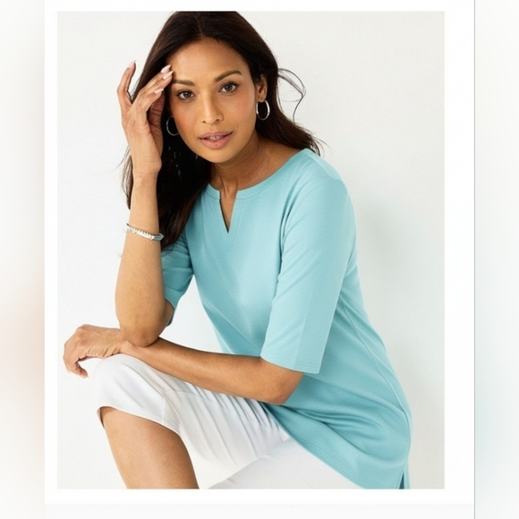 Croft & Barrow® Elbow-Sleeve Splitneck Top Barefoot Beach Size Large (EUC) - Picture 1 of 10